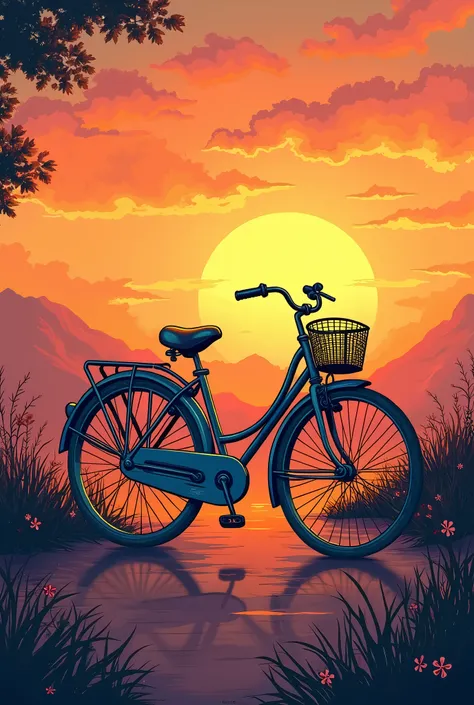 T-shirt with colorful illustration of a vintage bicycle in a sunset landscape. Warm hues and a nostalgic touch.
