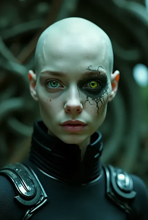 35mm film photography, A young, pale-skinned, bald Borg woman from Star Trek, with one eye with a glowing green cybernetic implant, wearing a dark, futuristic outfit with metallic elements against a dark H R Giger-style starship background