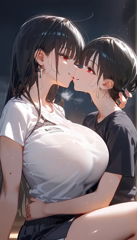 Long black hair、Red eyes、Tsukuyomi Minato, Extra large T-shirt、Super huge breasts, High resolution, An anatomically correct masterpiece, Best Quality, high detail, damage, High resolutionモデル, retina, Very detailed, Textured Skin, 超High resolution, Aerial p...