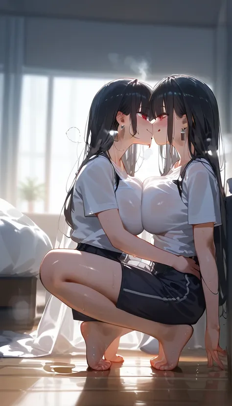 Long black hair、Red eyes、Tsukuyomi Minato, Extra large T-shirt、Super huge breasts, High resolution, An anatomically correct masterpiece, Best Quality, high detail, damage, High resolutionモデル, retina, Very detailed, Textured Skin, 超High resolution, Aerial p...