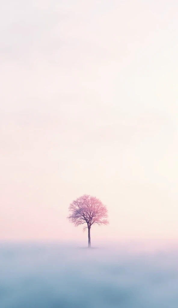 "A minimalistic and inspiring wallpaper featuring a single, elegant tree with delicate branches silhouetted against a soft gradient sky transitioning from pale pink to light blue. The scene is serene and calming, with a gentle morning mist hovering at the ...