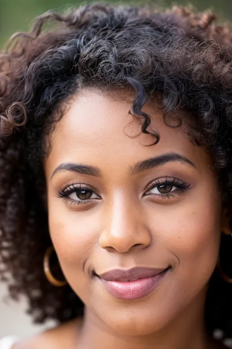 ((headshot: 1.1), skin texture, without makeup, (headshot: 1.2), Super high resolution close-up portrait photo of a dark skinned woman with curly hair, full lips,F /2.8, canon, 85 mm,cinematic, beautiful smile, high quality, looking at the viewer, super hu...