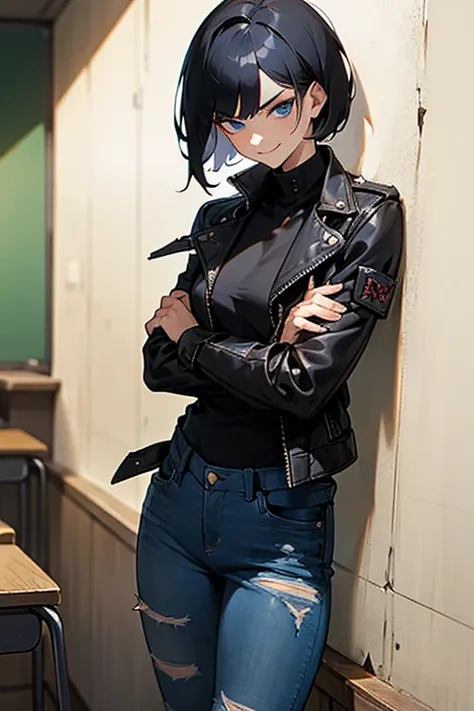 Female, Black short hair (side-swept), deep blue eyes, delinquent outfit (shirt with torn bottom, ripped jeans, leather jacket), confident smirk, classroom, arms crossed, standing against a wall