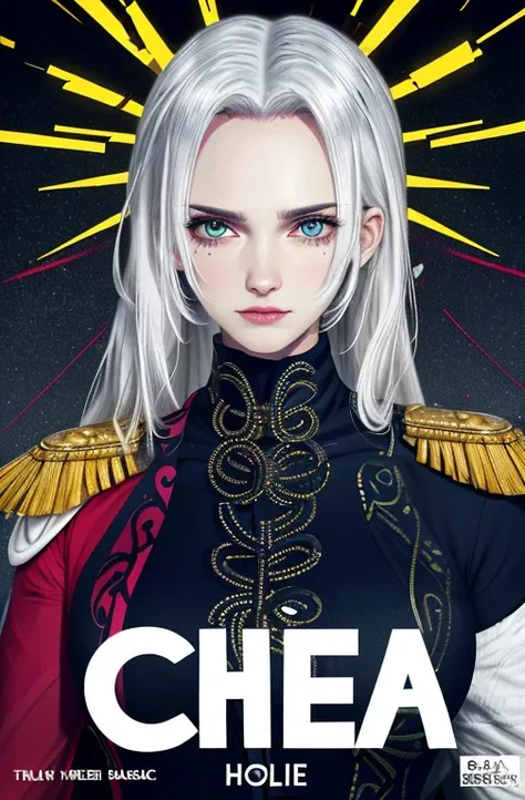 white hair, (((dramatic))), (((gritty))), (((intense)))) The movie poster features a young woman as the central character. she stands confidently in the center of the poster, dressed in fashion-forward clothing with a determined expression on her face. The...