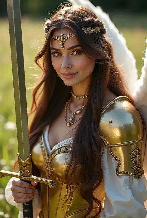 Ultrarealistic shot of a upper body portrait of an ultrarealistic young 20 year old brunette German angel with long hair, Headband, long angel wings made of feathers, Necklace, smile. She smiles in front of the camera in a shiny high detailed golden armor ...