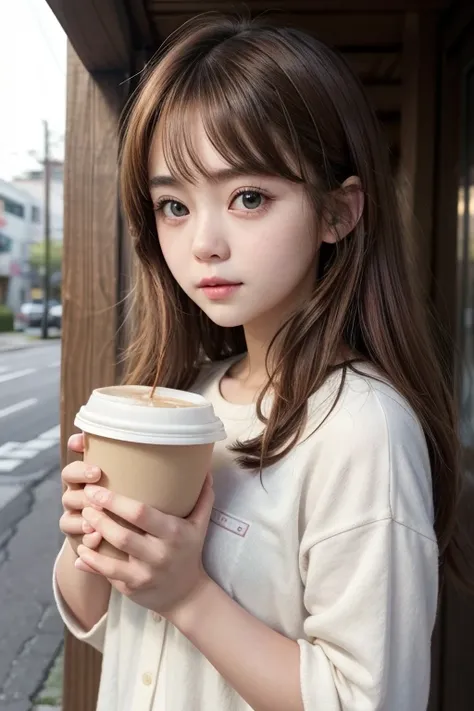 There is a girl holding a cup of coffee in her hand., pretty girl-fine face, Beautiful natural anime face, with a nice - fine - face, sakimi-chan, chiho, Yoshitomo Nara, young cute face, Beautiful face of Japanese girls, brown hair and big eyes., cute kawa...