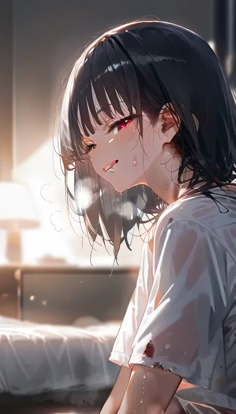 sensual romantic portrait of a beautiful anime-style girl with long black hair, intense red eyes, and wearing an oversized t-shirt, extremely detailed, anatomically accurate masterpiece, best quality, high resolution, highly detailed, damaged, high-res mod...