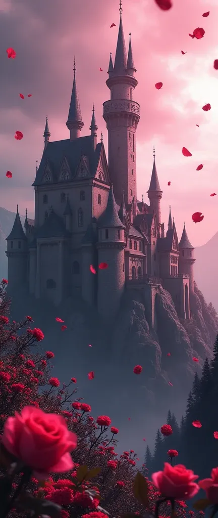 Fantasy world, romantic castle, grim castle, pink filter, black roses, flowers