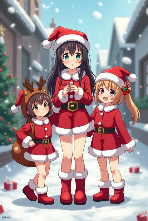 Anime mother and daughter Santa Claus costumes no pants。The thong girl is an elementary school student and is holding a bag full of thong gifts.。My daughter is a twin、The other girl was wearing a reindeer costume and a thong.