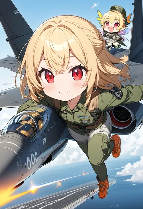 (score up_9, score up_8, score up_7,score up_6,score up_5,score up_4),source_anime, rating_safety,Masterpiece, best quality, hyper detailed, Super fine illustration, 8k,BREAK 1girl,Fairy,blond hair,red eyes,army jacket,(Chibi:1.3),cute,cheerful smile,BREAK...