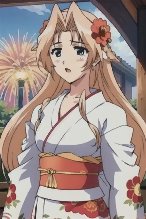 (((Best quality))),((Ultra-detailed)),((illustration)),((Disheveled hair)),((frilld)),(1 girl),(Solo),
1girl, aerial fireworks, blue kimono, braid, braided bangs, earrings, fire, fireworks, floating hair, floral print, flower, food, goldfish, hair flower, ...