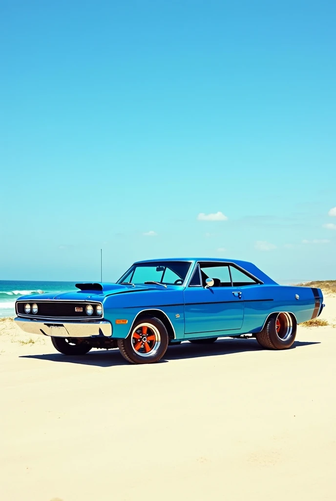 A Blue 1969 Dodge Dart Swinger with custom tires , Beach in America background, The sky is clear and the weather is sunny.