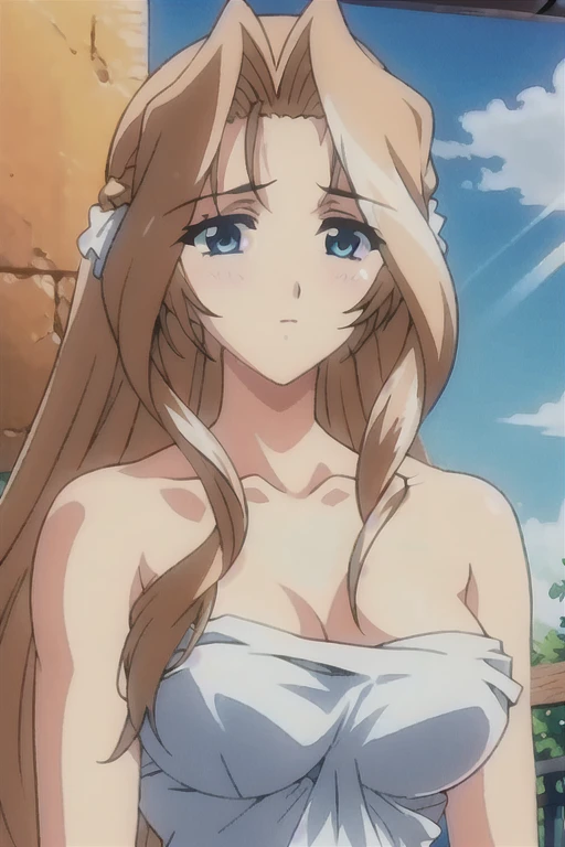 (((Best quality))),((Ultra-detailed)),((illustration)),((Disheveled hair)),((frilld)),(1 girl),(Solo),
1girl,blush,braid,breasts,bubble,closed mouth,collarbone,glint,short hair,looking at viewer,medium breasts,mole,naked towel,solo,standing,sun,towel,Upper...