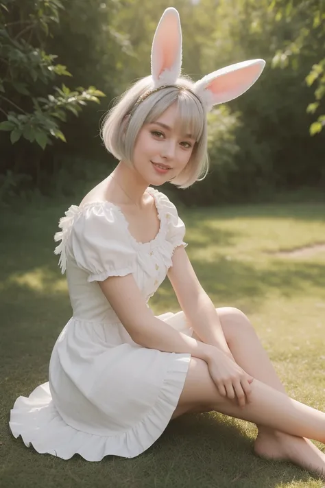 (masterpiece, best quality),1, Alone, animal ears, rabbit, bare feet, knees up, dress, sitting, rabbit ears, short sleeves, looking at the viewer, A gram, short hair, smile, white hair, puff sleeves, outdoor, puffy short sleeves, fringe, on the floor, full...