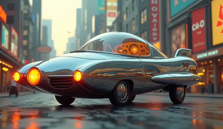 A sleek, chrome-plated rocket car with large fins and glowing exhaust pipes, hovering slightly above the road. The car features a bubble-shaped glass dome for the roof, with shiny metallic accents and vibrant neon lights. The dashboard inside is filled wit...