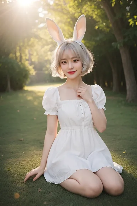 (masterpiece, best quality),1, Alone, animal ears, rabbit, bare feet, knees up, dress, sitting, rabbit ears, short sleeves, looking at the viewer, A gram, short hair, smile, white hair, puff sleeves, outdoor, puffy short sleeves, fringe, on the floor, full...