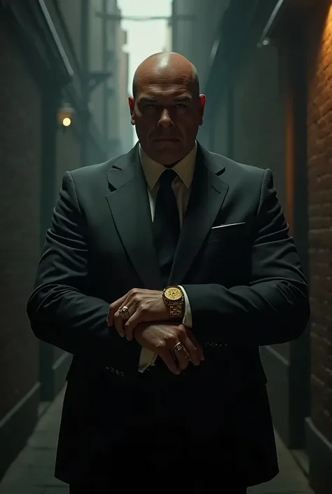 a mafia boss in a dark alley, detailed face, chiaroscuro lighting, cinematic composition, dramatic pose, serious expression, tailored suit, gold watch, heavy gold ring, crime boss, sinister, mysterious, moody atmosphere, (best quality,4k,8k,highres,masterp...