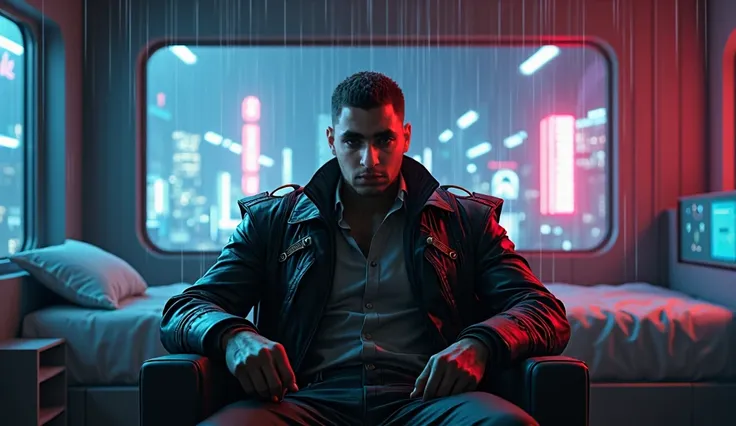 Cyberpunk man character, strong lighting on face, futuristic jacket, sitting on a chair in a futuristic den, behind him are two large windows, in the windows is a futuristic city with rain, in the room is a bed and a computer, lighting suggests power and c...