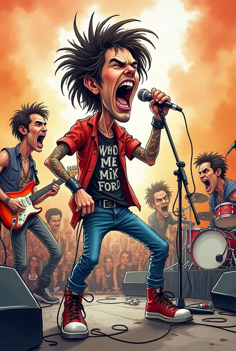 Caricature, David Cherkassky animation style, a punk band performs on stage, trash and fumes, crazy costumes, punk paraphernalia, smoke special effects, the lead singer enthusiastically yells into the microphone, provoking fans, line art, watercolor, agres...