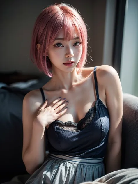 A Girl, Pink Hair. Blue Inner Color, Beautiful Japanese Girl. Bob Cut. Loose Curly Hair, Half Open Mouth, Open Legs, Gray Camisole, Lingerie, Night Ambience, Exquisite Details, Stunning Portrait, Highly Detailed, Realistic, Photorealistic, 8K, Ultra Detail...