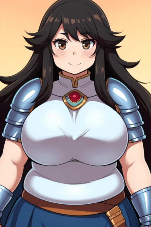 Chubby big boobs black hair brown eyes happy long messy hair blushing smile deredere armor 