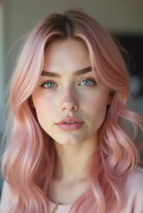 A close up image - looking straight into the camera - facing straight, of Lara Rose, a sexy 20-year-old influencer with enchanting, captivating eyes. Her hair rose/pink, styled in soft waves. She has a soft, pretty face that draws attention, with flawless ...