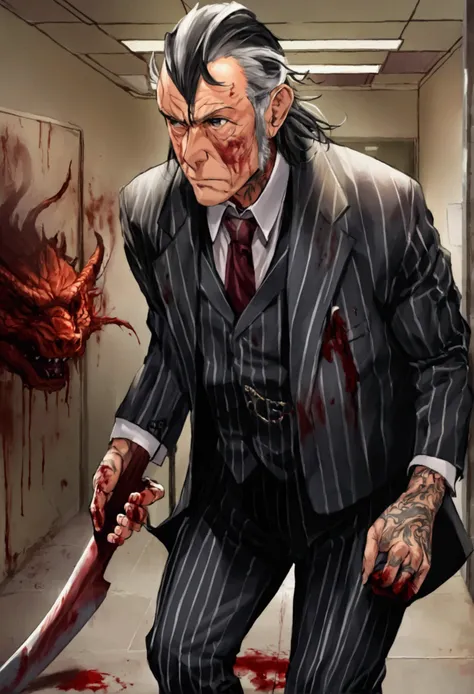 a grizzled old man, muscular, age 50, gray roots, oily black hair dye, many small scars, heavily tattooed below the neck (dragons), in an pin striped tuxedo. He is carrying a bloody hatchet. He has several enforcers with him, with bloodied weapons. Office ...