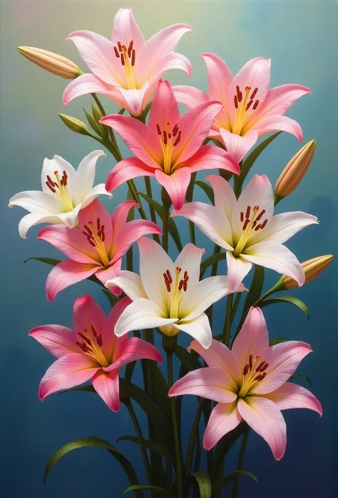 lilies, unique compilation, oil painting surreal depiction 