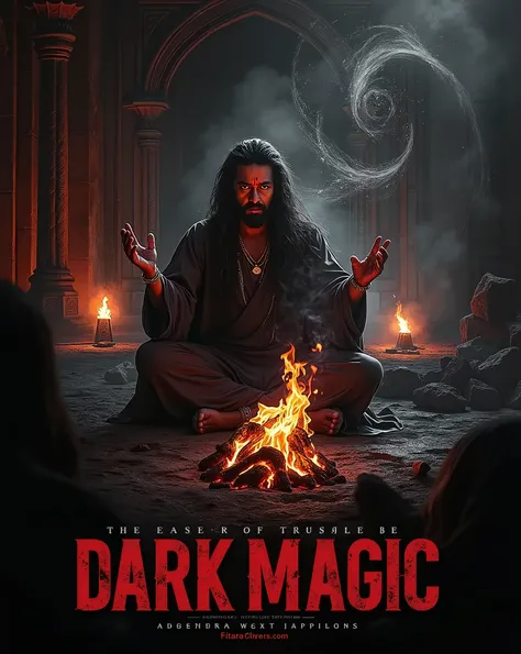 A cinematic horror movie poster featuring a 35-year-old Indian tantric with long, flowing hair, dressed in dark robes, performing black magic. He sits cross-legged in front of a roaring sacred fire, his hands raised as he summons swirling dark spirits and ...