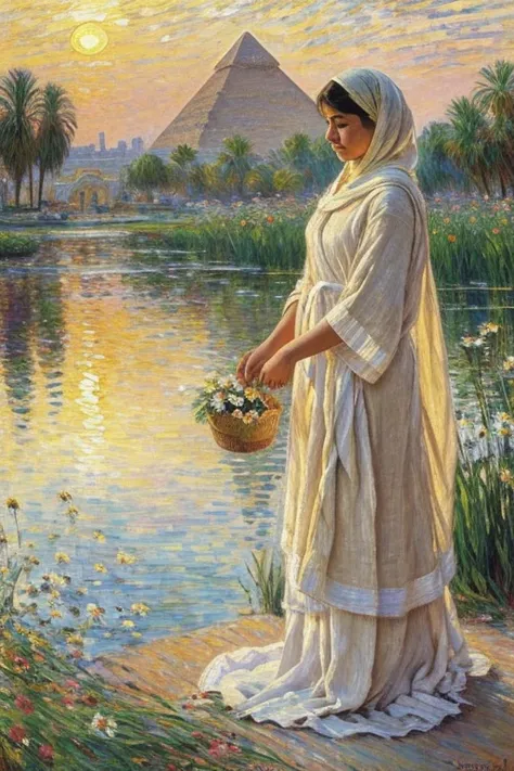 Watercolor painting, (a serene Egyptian woman dressed in simple linen robes, kneeling by the riverbank, carefully picking daisy flowers that grow near the water), (a tranquil scene with reeds swaying gently, the sun setting behind the pyramids in the dista...