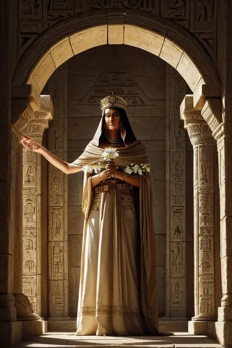 Concept art, (a young Egyptian woman in a regal linen dress, crowned with a wreath of daisies, her arms extended as she presents an offering of daisy flowers to the gods), (inside a monumental temple, bathed in ethereal sunlight that filters through a tall...