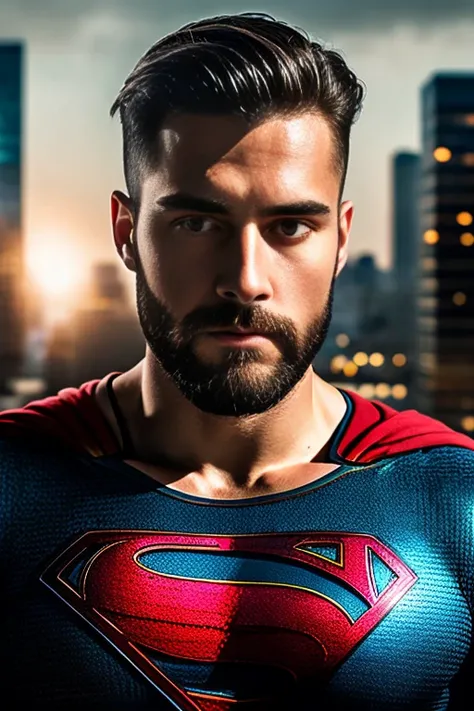 1man, 
a 30 y.o muscular male, small beard, gloomy eyes, blue eyes, concentrated expression, undercut haircut, wearing a superman suit, flying over a bustling city,
soft lighting, 
masterpiece, best quality, 8k uhd, dslr, film grain, Fujifilm XT3 photoreal...