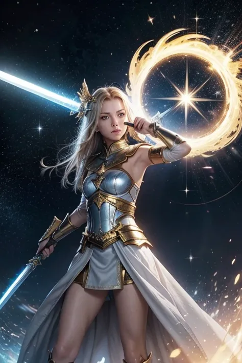 CHAT I NEED YOU TO CREATE AN IMAGE OF A SWORD WITH MANY STARS IN THE BACKGROUND INSIDE A CIRCLE THE WHITE STARS THE GOLDEN SWORD ALL ON A LIGHT BLUE BACKGROUND

