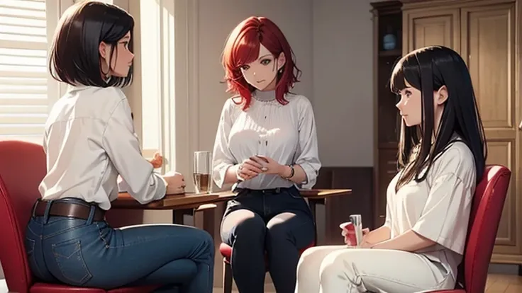 woman with short red hair sitting on the chair in a white blouse and jeans talking to a girl with black hair long smile girls of short in long hair
