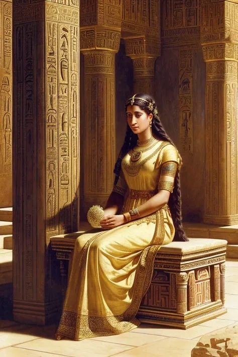 Oil painting, (an Egyptian princess with long braided hair and a golden circlet, dressed in an intricately woven linen gown, carefully placing daisy flowers into a ceremonial vase), (inside an ornately decorated temple, with towering stone pillars covered ...