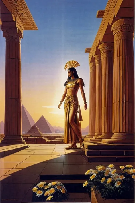 Concept art, (an Egyptian high priestess adorned with a golden headdress and ceremonial robes, holding a wreath of daisies as an offering to the gods), (standing in front of a grand sandstone temple, with pyramids in the distance and the Nile River reflect...