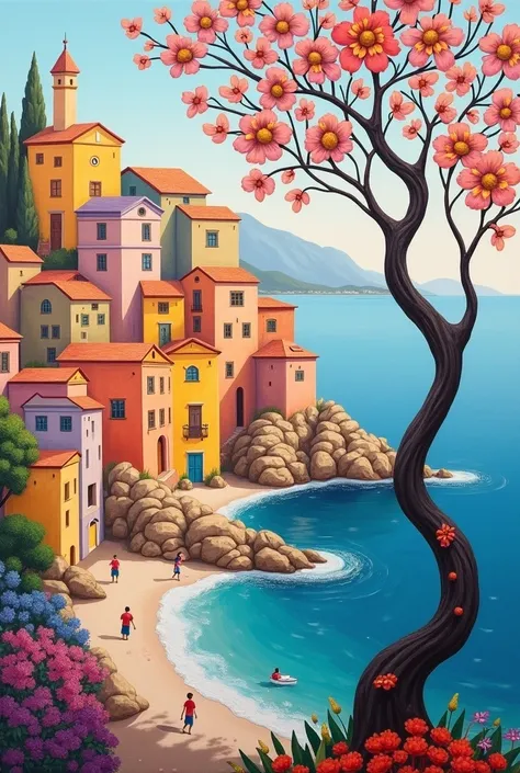 Create a whimsical and light pale painting that blends elements of Impressionism, Surrealism and Post-Impressionism. Depict a colorful seaside village built on cliffs, with simple geometric forms representing houses in soft hues of yellow, orange, red, and...