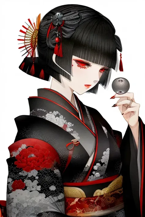 one girl,black hair,(((gray_eye))),anime,kimono, masterpiece,highest_quality,white background,