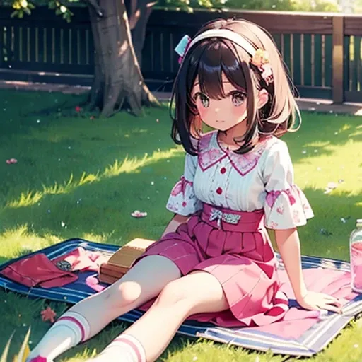 Some  Child on a picnic , kawii girl HINA,  A BRIGHT pink and YELLOW blouse WITH A FANCY PRINT. THERE WAS ALSO A PINK-COLORED CULOTTE , BRIGHT SOCKS WITH A STAR PATTERN, AND . IT WAS A SET OF CLOTHES THAT LOOKED LIKE SOMETHING A  WOULD WEAR. Full girls bod...