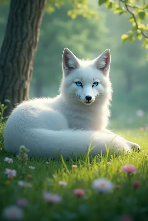 create an image of a white fox with blue eyes lying on the grass