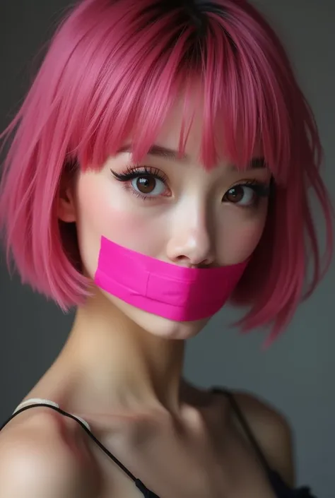 Short pink haired Asian e-girl with her mouth tied with a pink duct tape gag, sensual look