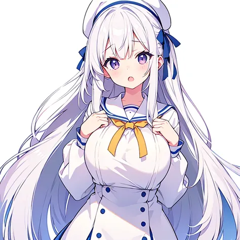 Large Breasts、Mouth open、Pure white background、tachi-e、Standing still、Hands behind back、Long white hair、Sailor&#39;White uniform