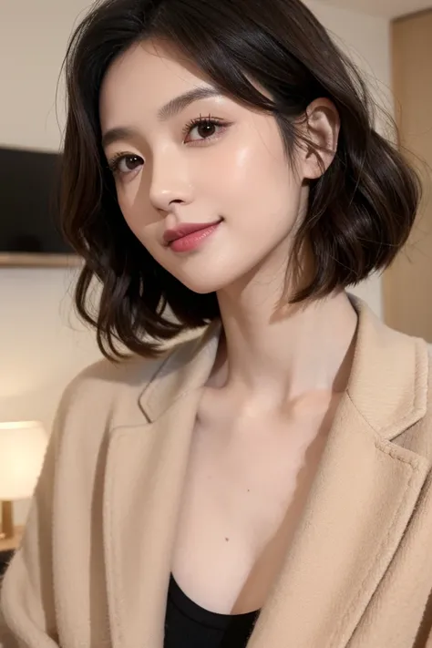 UHD, anatomically correct, masterpiece, best quality, 16k、Beautiful portrait、Watching the audience、smile、One Japanese person、The ideal 40-year-old housewife、Brunette、Wavy short hair、Natural Makeup、Glossy pink lips、Casual wear、Private Server、Plain、black、Yel...