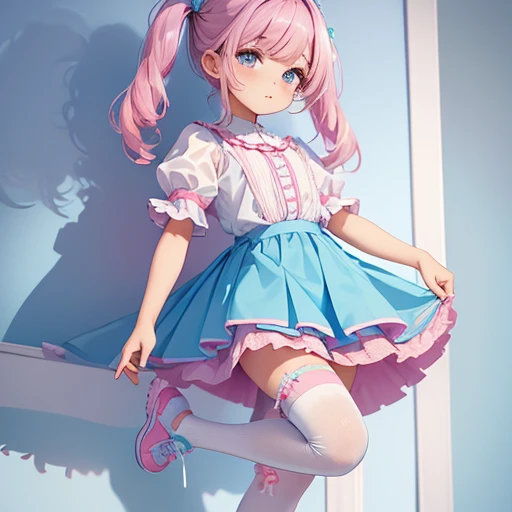 Children, Baby-blue  girly blouse with short sleeves.
Pink  pleated skirt with lace sewn into its hem.
Pastel-colored  socks (knee-high).
Velcro sneakers decorated with ribbons on top, full body view 