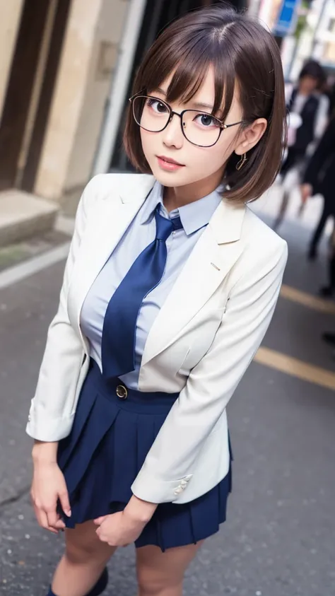 (1girl,solo), (aichan:1.3), large breasts, large butt, neat and beautiful girl, beautiful detailed eyes, brown short hair, layered hair, fluffy hair, bangs, glossy lips,glasses, 
BREAK,

(suit:1.4), slacks, dress shirt, red tie, Oxford shoes,
street, low a...