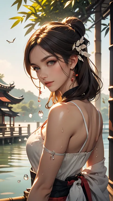 negative space, shuimobysim, girl, woman,bare shoulders, (ecchi0.5), lips, water splash, (trees:0.5), (flowers:0.6) ,(birds:0.2), (bamboo0.1), lakes, Hangzhou, bonian, bonian in background   