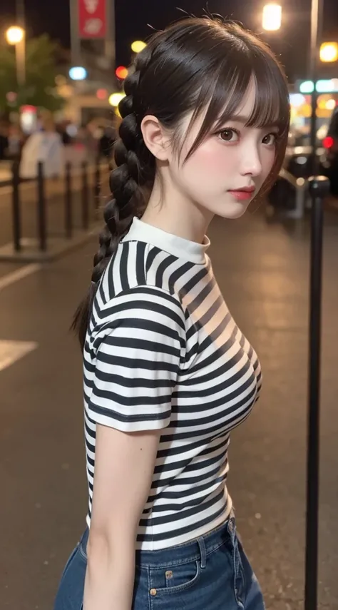 beautiful girl, Very beautiful and detailed face, Laugh shyly, Deep Valley), ((With the camera behind))、(She has big breasts、(Black and white stripes)High neck rib knit T-shirt.Denim skirt、Sideways to the viewer、Show off your thighs:1.3), (Large Breasts.),...