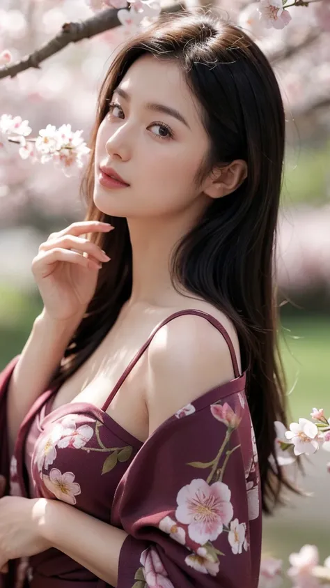 High resolution、masterpiece、Textured Skin、High image quality、超High resolution、Very detailed、woman、50 years old、Center parted hair、Large Breasts、sexy、kimono、The background is under a cherry tree with cherry blossom petals falling.、If you look at this、solo, ...