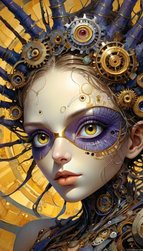 A highly detailed close-up photograph of a surreal, biomechanical yellow creature resembling an oversized eye with organic and mechanical elements. An abstract digital painting depicts a stylized portrait of a woman centered in the composition. The central...