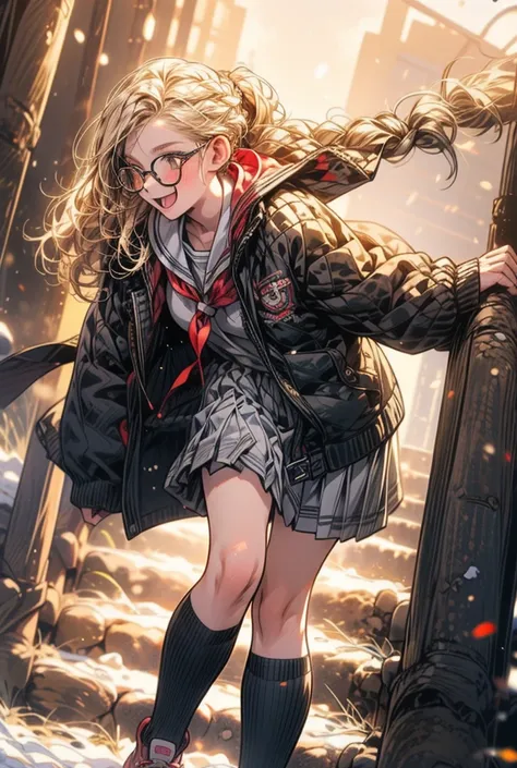 happy girl runs to school, rukzak, blonde long hair braided in a low ponytail, strands in front of her ears, brown eyes, glasses, mole on her cheek, school uniform, knee socks, sneakers, masterpiece, best quality, in detail,